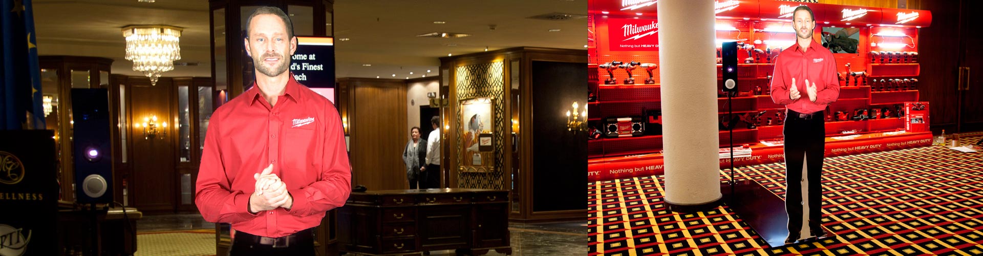 Intelligent Kiosks Life Size Virtual Mannequin Presenter in Hotel Reception